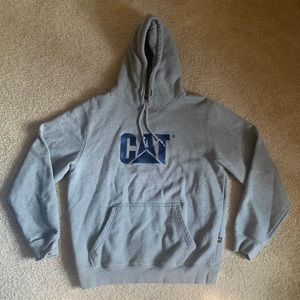 Grey CAT fleece hoodie with navy blue stitched lettering and sewn in tags